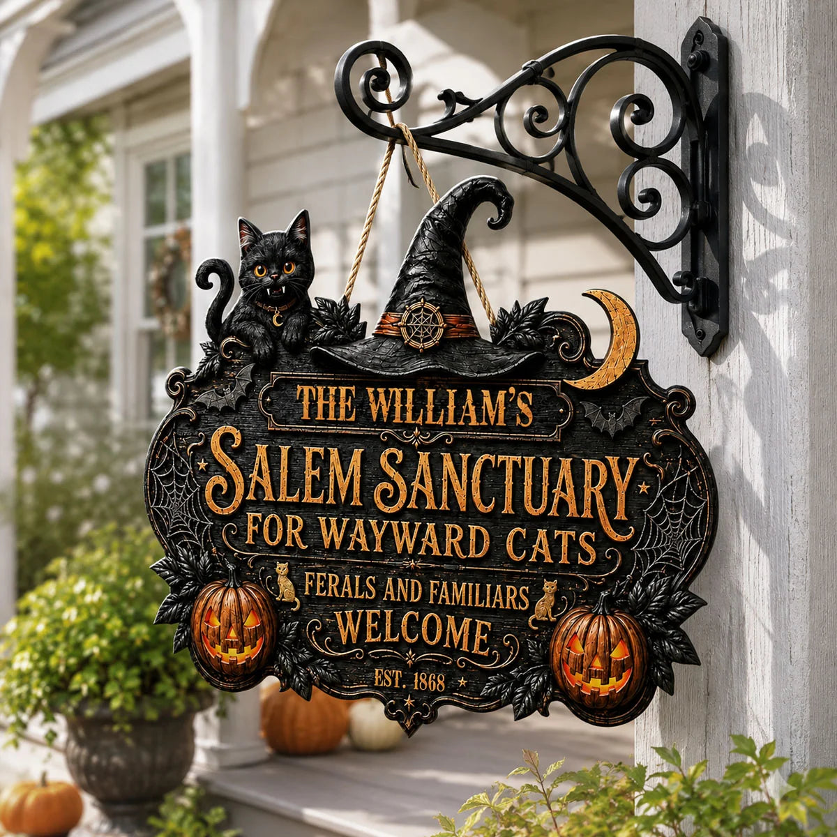 Salem Sanctuary For Wayward Cats Personalized Wood Sign - Custom Halloween Decor Gift for Cat Lovers
