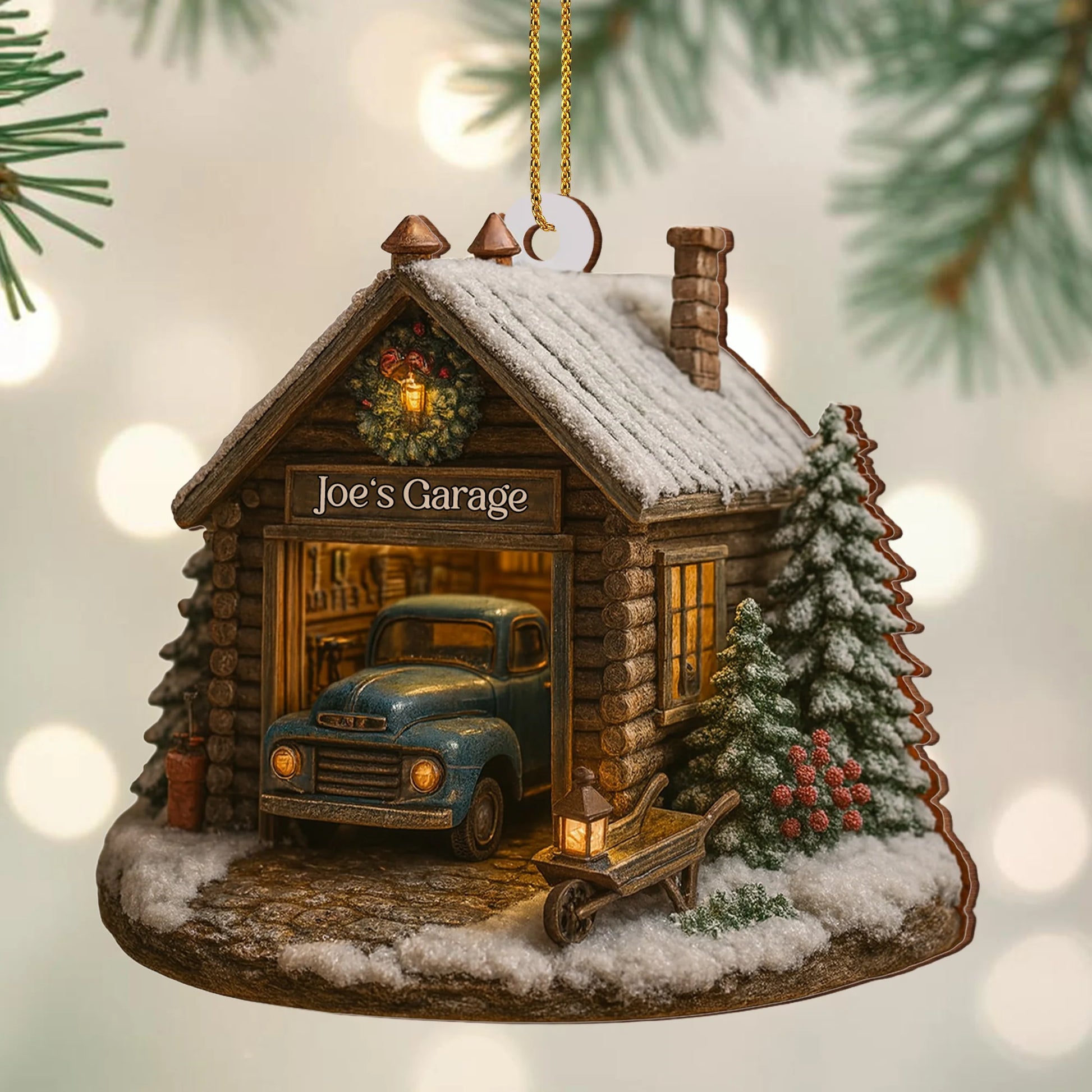 Welcome To Joe's Garage With Vintage Truck And Christmas Trees