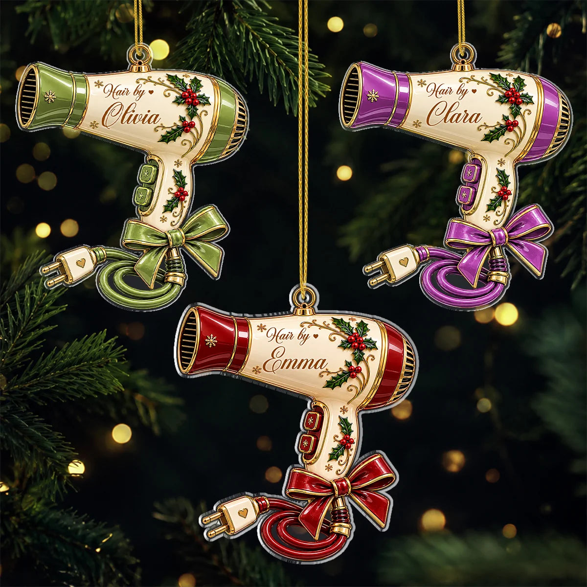 Hair by Custom Name Hair Dryer Acrylic Ornament - Personalized Hair Stylist Gift