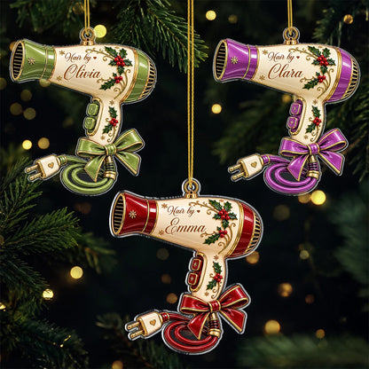 Hair by Custom Name Hair Dryer Acrylic Ornament - Personalized Hair Stylist Gift