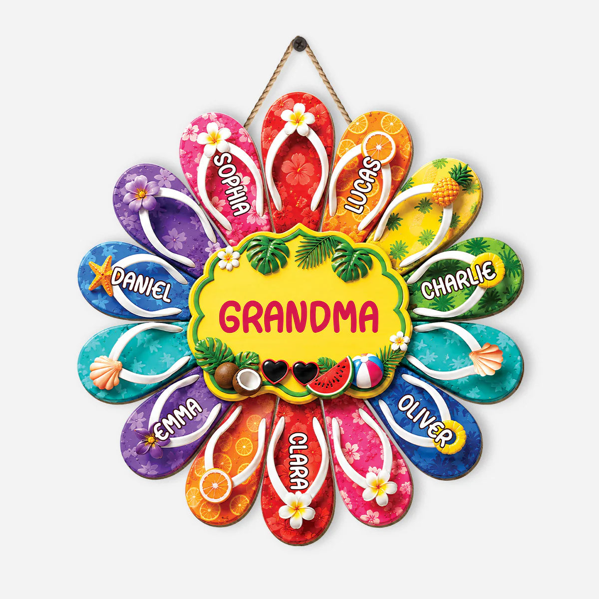 Personalized Grandparent Flip Flop Wood Sign for Grandma with personalized design details for meaningful gifting