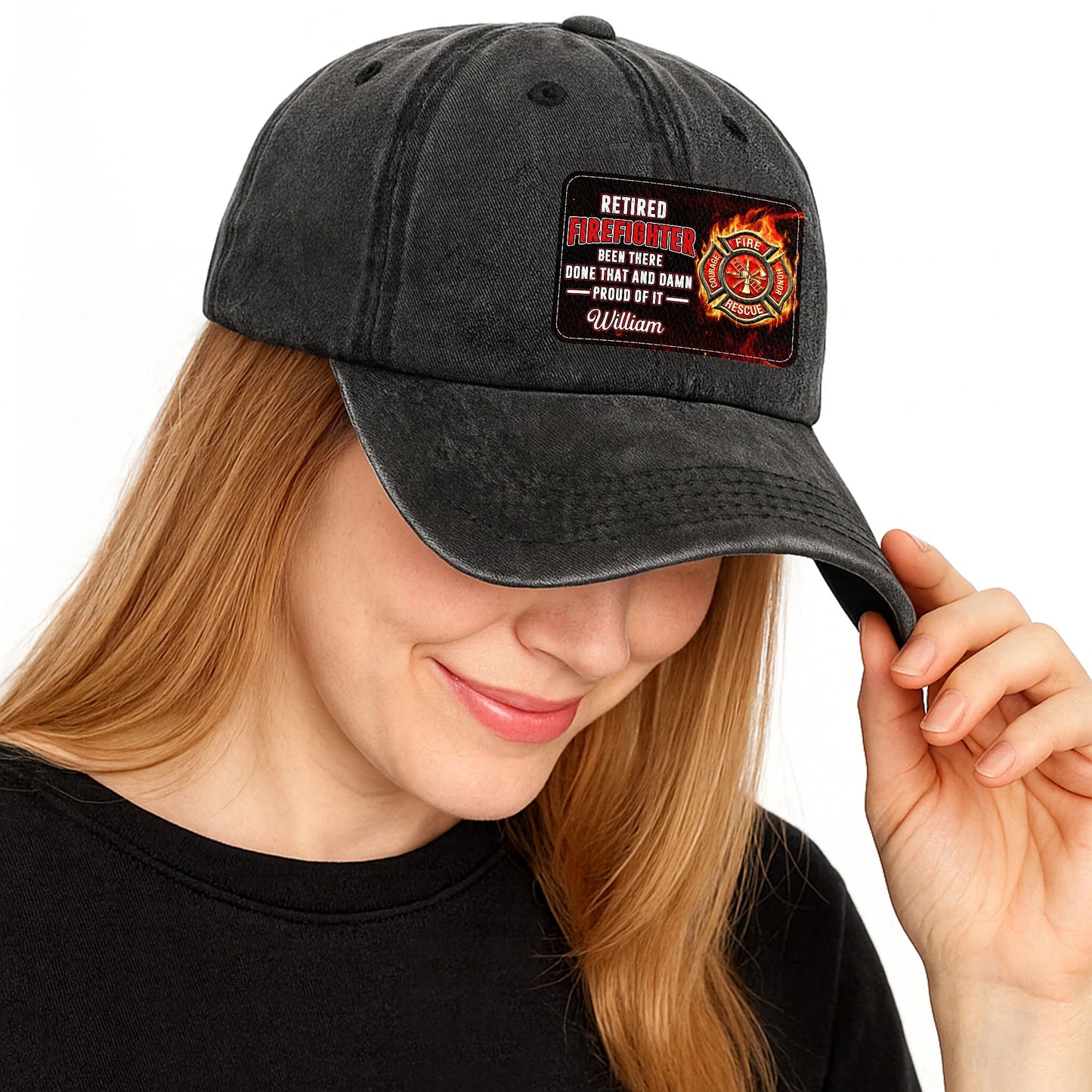 Retired Firefighter Denim Cap for Dad with personalized design details for meaningful gifting image 6