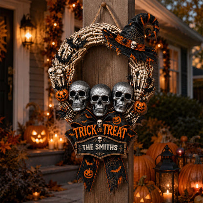 Trick Or Treat Skulls Witch Hat Custom Family Name Wood Sign - Personalized Halloween Decor