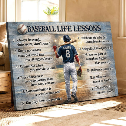 Custom Baseball Life Lessons Canvas for Dad with personalized design details for meaningful gifting