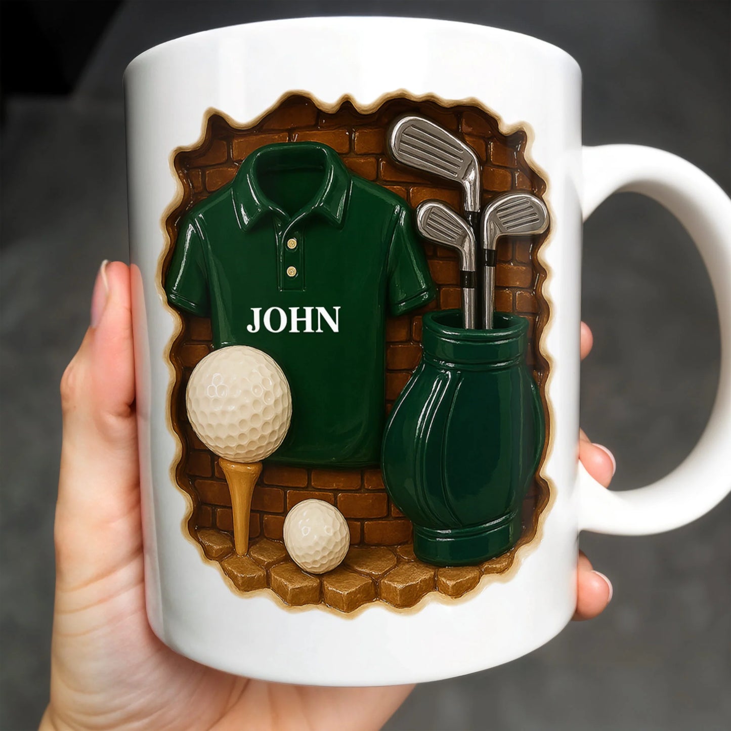 Personalized golf coffee mug featuring custom name on a green golf shirt with clubs - gift for golf lovers