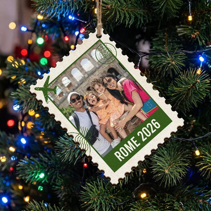 Vintage Postage Stamp Custom Photo Wood Ornament - Personalized Family Vacation Keepsake Gift for Christmas Tree