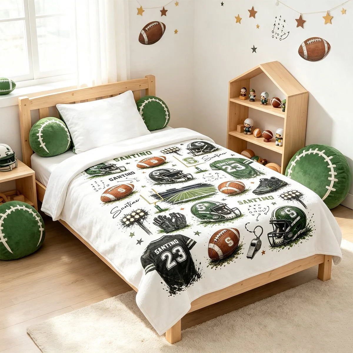 Personalized american football blanket featuring custom name Santino and jersey number 23 with green helmets image 6