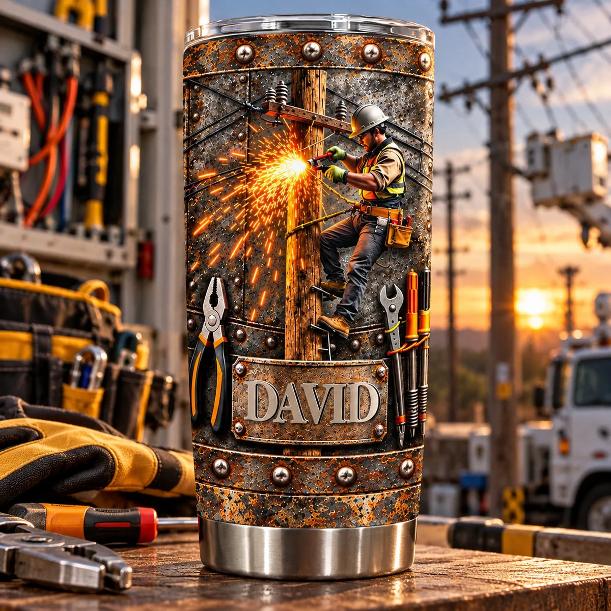 Working Hard, Keeping Lights On Personalized Lineman Tumbler - Custom Gift  for Dad