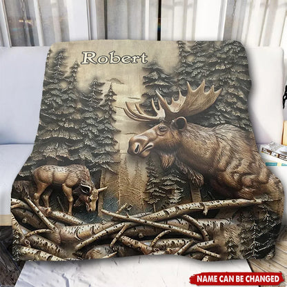 Personalized Hunting Blanket with Name - Custom Outdoor Moose Print Gift for Hunters