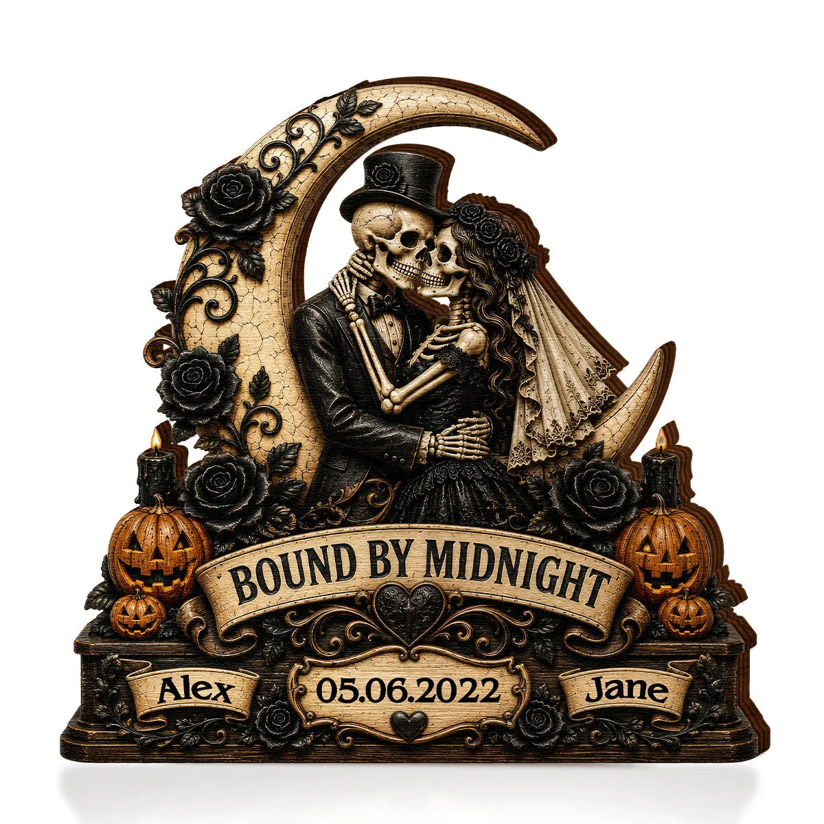 Bound By Midnight Personalized Skeleton Couple Wooden Block - Custom Halloween Anniversary Gift