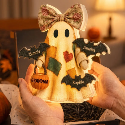 Personalized Ghost Bats Acrylic Light Box - Custom Grandkids Names Halloween Gift for Family