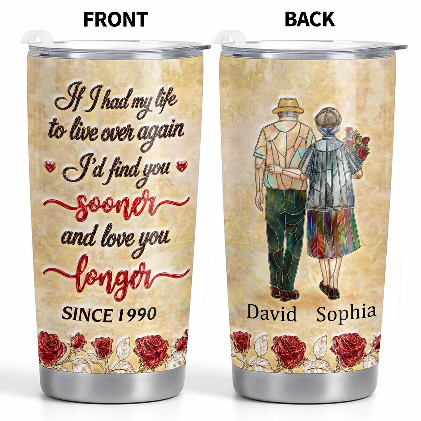 Personalized couple tumbler with stained glass style old couple art and custom names for anniversary gift image 8