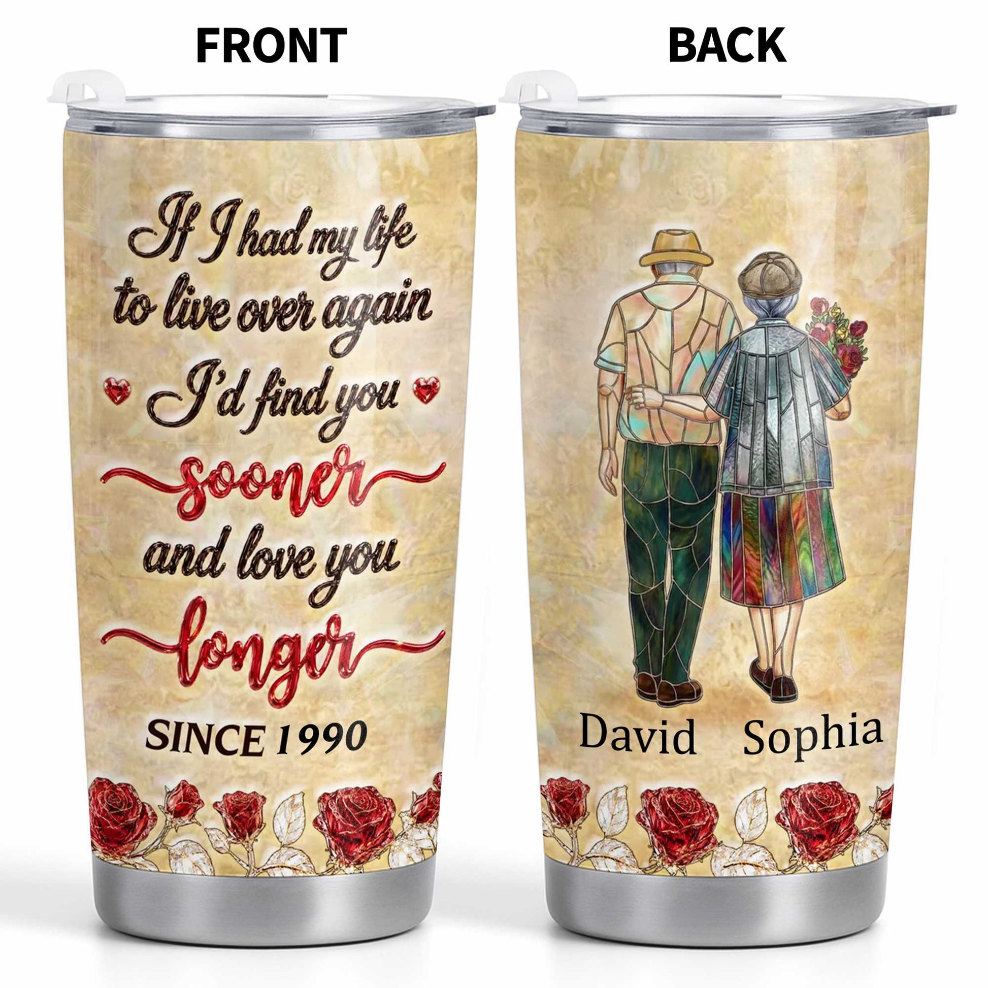 Personalized couple tumbler with stained glass style old couple art and custom names for anniversary gift image 8