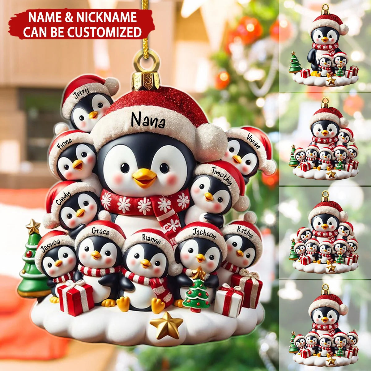 Personalized Grandma Penguin Family Christmas Ornament - Custom Grandkids Names Gift