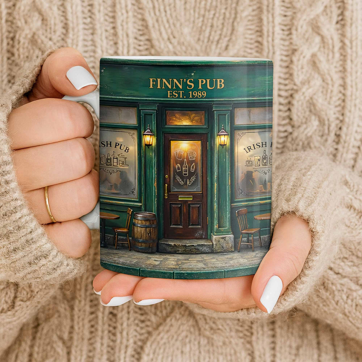 Our Pub Featuring Green Irish Pub Storefront With Barrel And Chairs