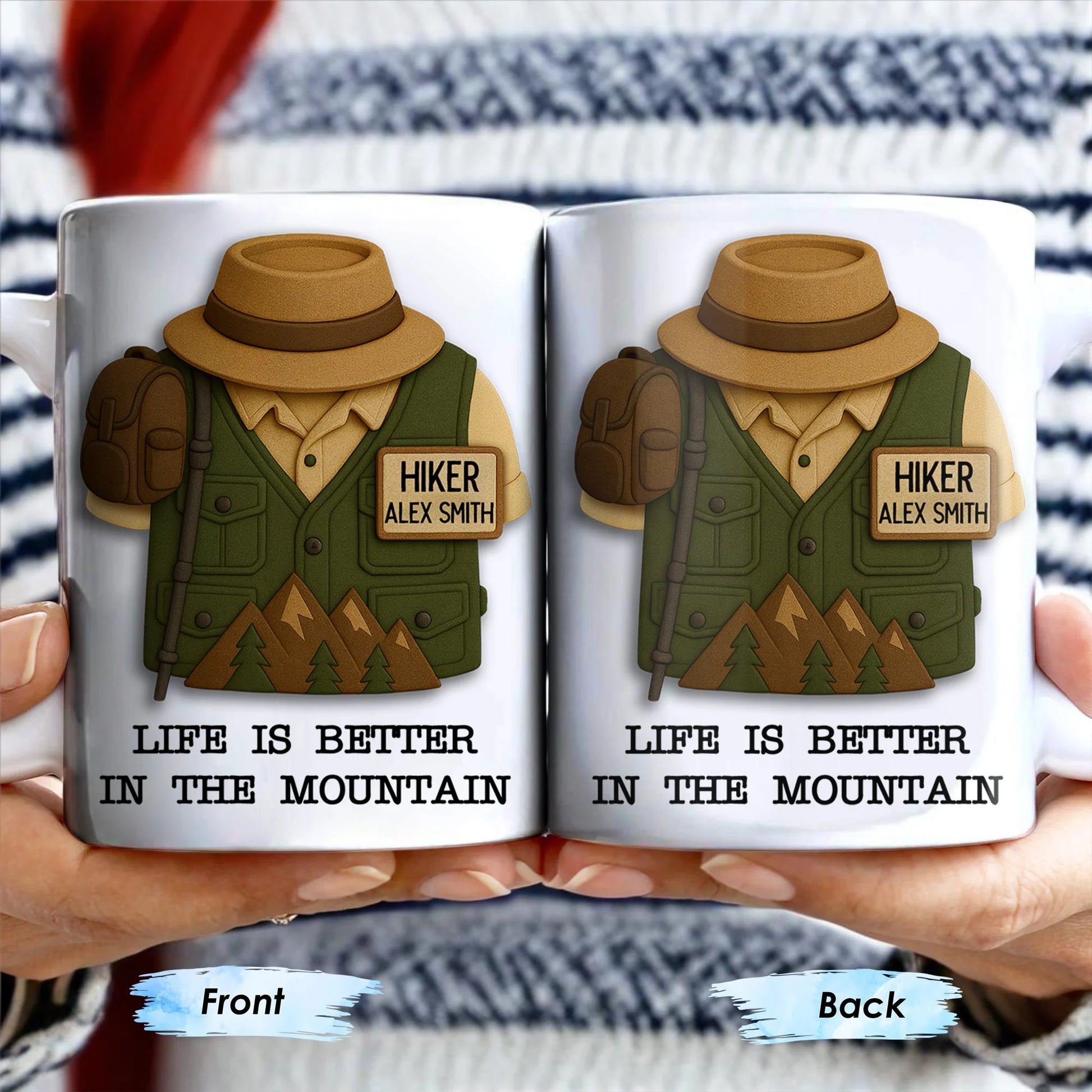 Personalized hiker coffee mug featuring a custom name tag, hiking vest design, and mountains for outdoor lovers image 6