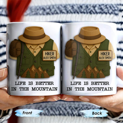 Personalized hiker coffee mug featuring a custom name tag, hiking vest design, and mountains for outdoor lovers image 6