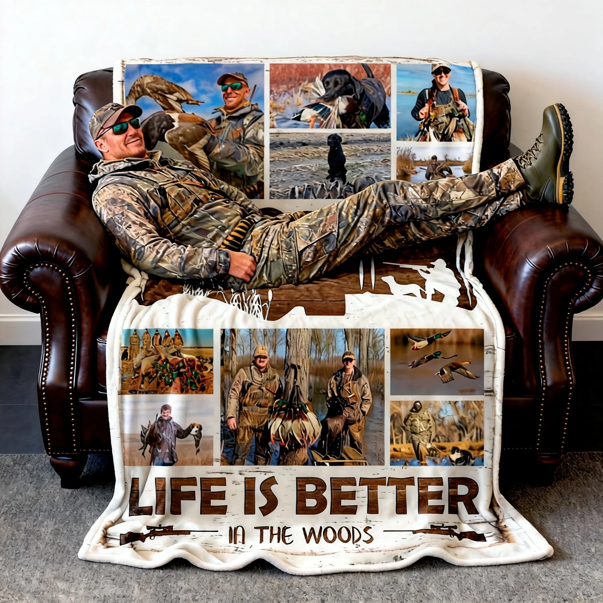 "Life Is Better in the Woods" Custom Hunting Photo Collage Blanket - Personalized Outdoor Gift for Duck Hunters