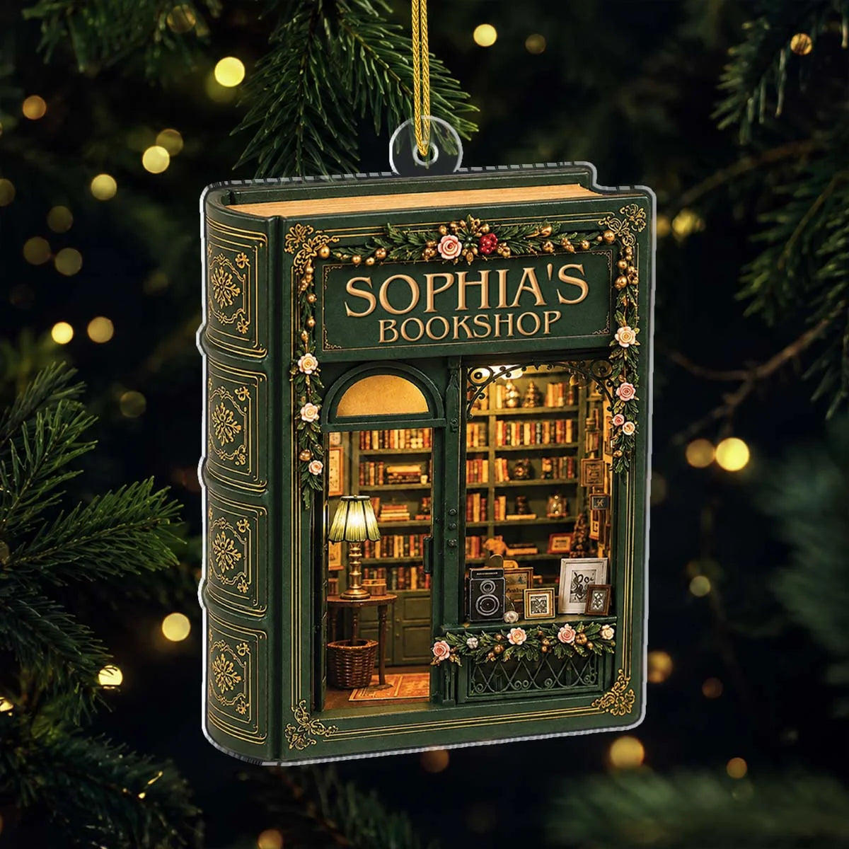 Vintage Bookshop Personalized Book Lovers Acrylic Ornament - Custom Christmas Keepsake Gift for Readers