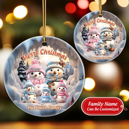 "Merry Christmas" Personalized Snowman Ceramic Ornament - Custom Holiday Keepsake for Family