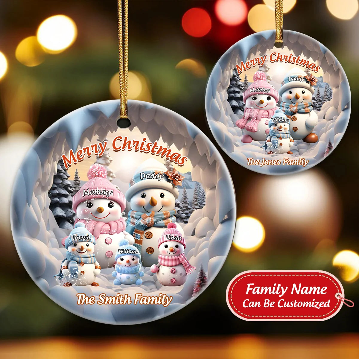 "Merry Christmas" Personalized Snowman Ceramic Ornament - Custom Holiday Keepsake for Family