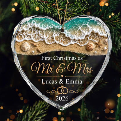 "First Christmas as Mr & Mrs" Personalized Glass Ornament - Custom Beach Wedding Couple Keepsake