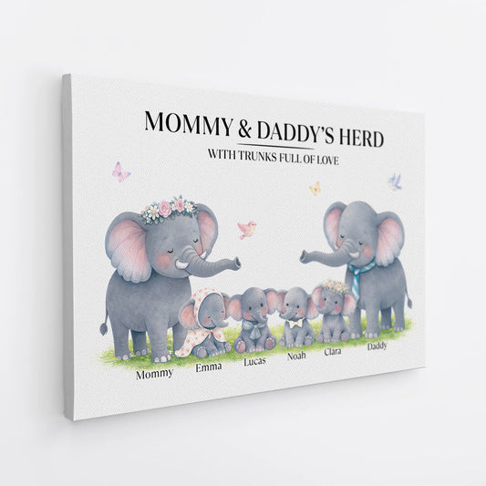 Mommy & Daddy's Herd Personalized Canvas / Poster - Custom Elephant Family Gift Wall Art for Parents