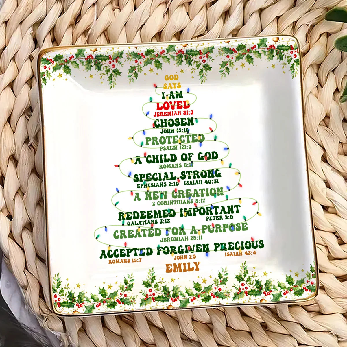 God Says I Am Personalized Ceramic Jewelry Dish - Custom Christian Christmas Trinket Tray