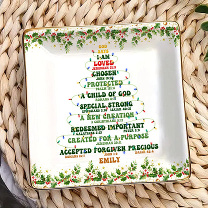 God Says I Am Personalized Ceramic Jewelry Dish - Custom Christian Christmas Trinket Tray