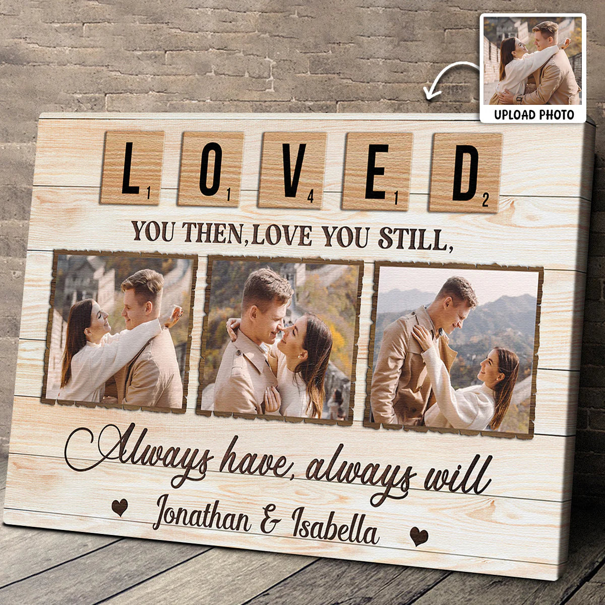 Personalized couple photo canvas featuring custom pictures and names with faux rustic wooden tile text elements.