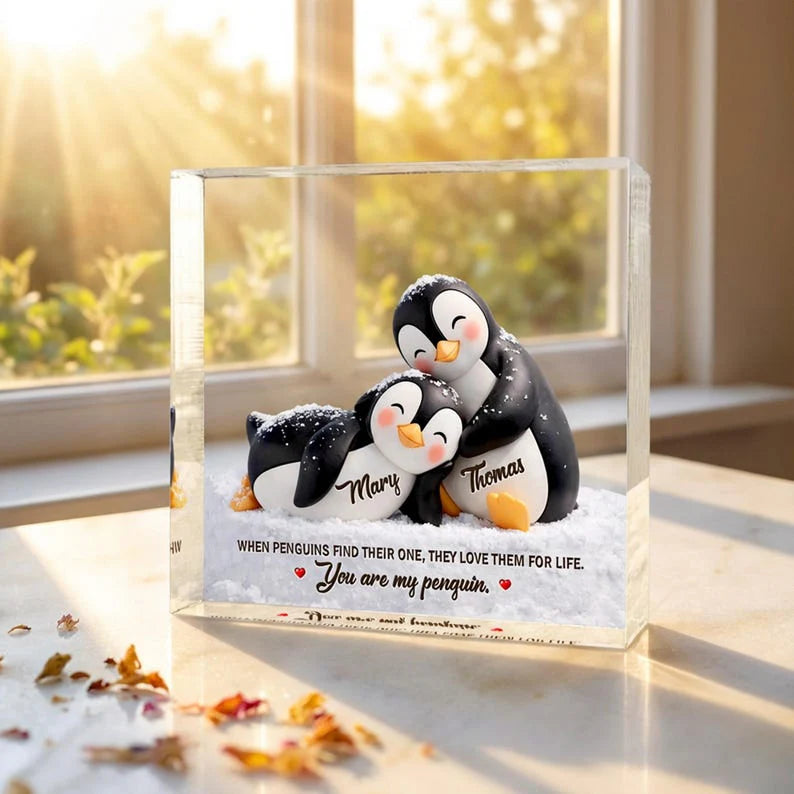 Personalized penguin couple acrylic plaque with custom names and romantic quote for couples anniversary gift