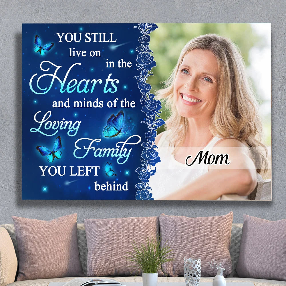 You Still Live On In Our Hearts - Personalized Memorial Photo Canvas / Poster
