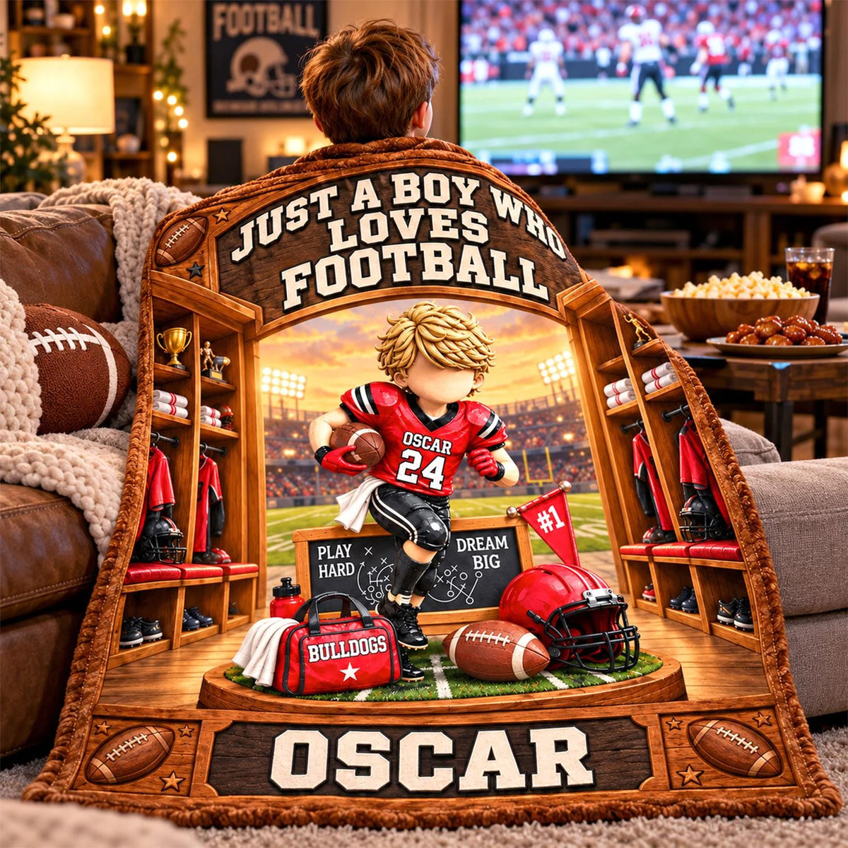 Personalized Just A Boy Who Loves Football Blanket, Custom Player Name & Number Gift, Christmas Keepsake C2408 Hv01 TL06