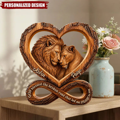 God Blessed The Broken Road - Personalized Lion Wooden Block Keepsake for Couples