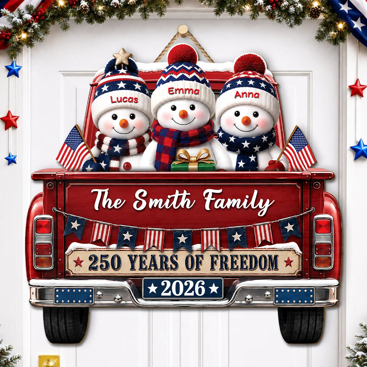 250 Years of Freedom Personalized Family Wood Sign - Custom Patriotic Christmas Snowman Truck Sign for Holiday Decor