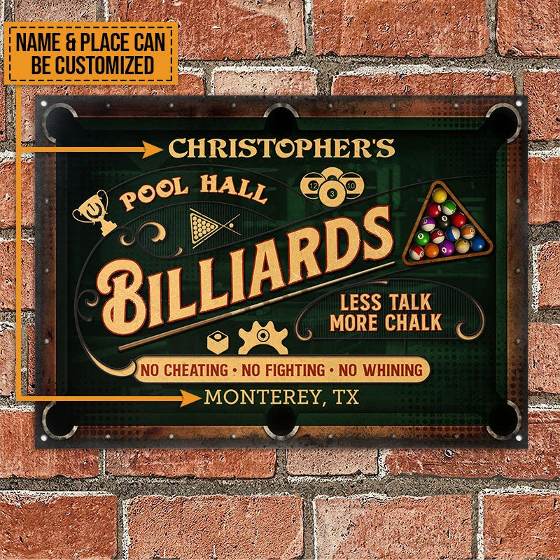 "Less Talk More Chalk" Personalized Billiards Pool Hall Metal Sign - Custom Game Room Decor