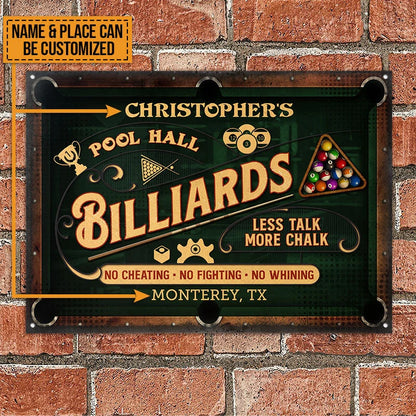 "Less Talk More Chalk" Personalized Billiards Pool Hall Metal Sign - Custom Game Room Decor