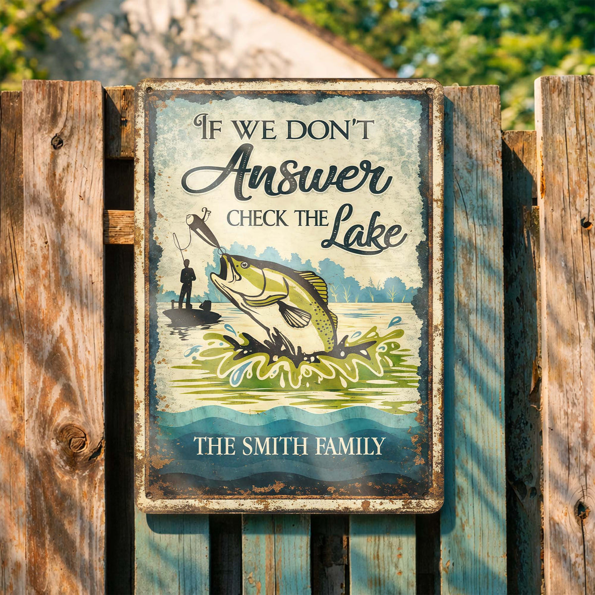 "If We Don't Answer Check The Lake" Personalized Metal Sign - Cabin Decor for Fisherman Dad