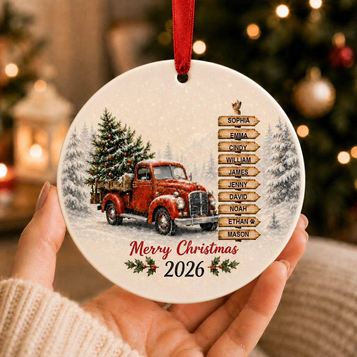 Red Truck Merry Christmas Personalized Ceramic Ornament - Family Holiday Keepsake Gift