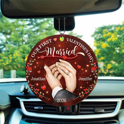 Our First Valentine's Day Married - Personalized Wood Ornament for Couples Keepsake