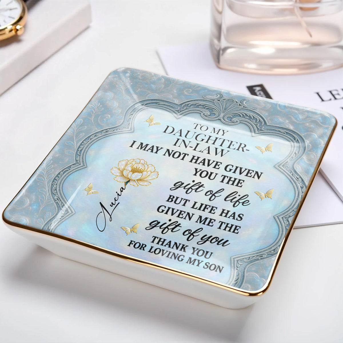To My Daughter-In-Law, Flowers And Butterflies Beautiful Ceramic Dish
