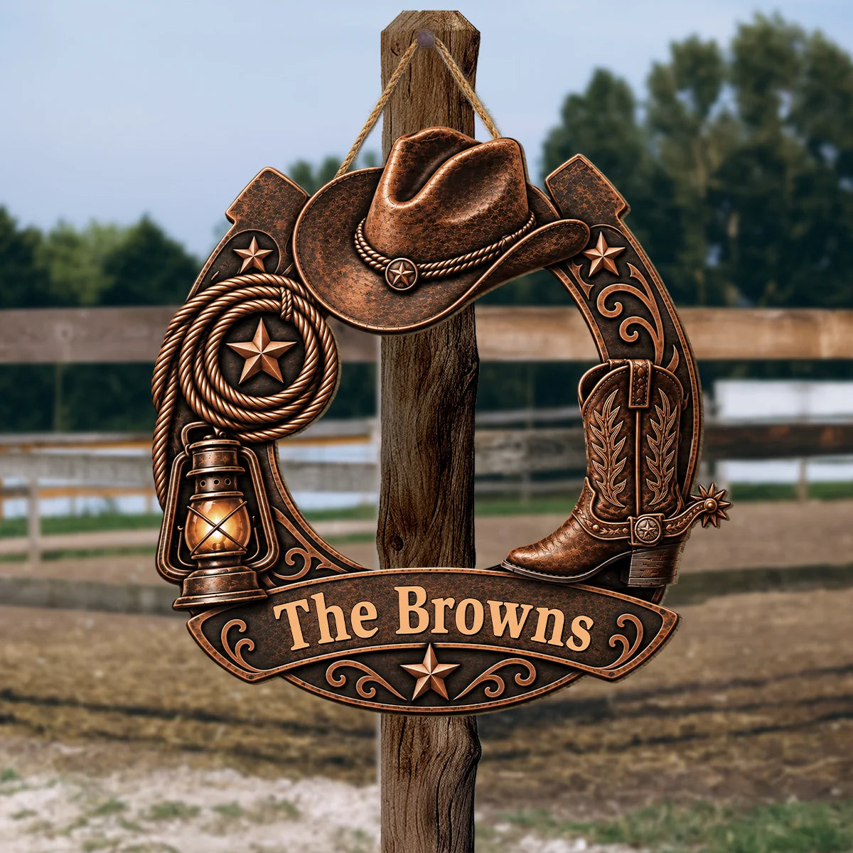 Rustic Western Horseshoe Wood Sign - Personalized Family Name Decor for Ranch Home