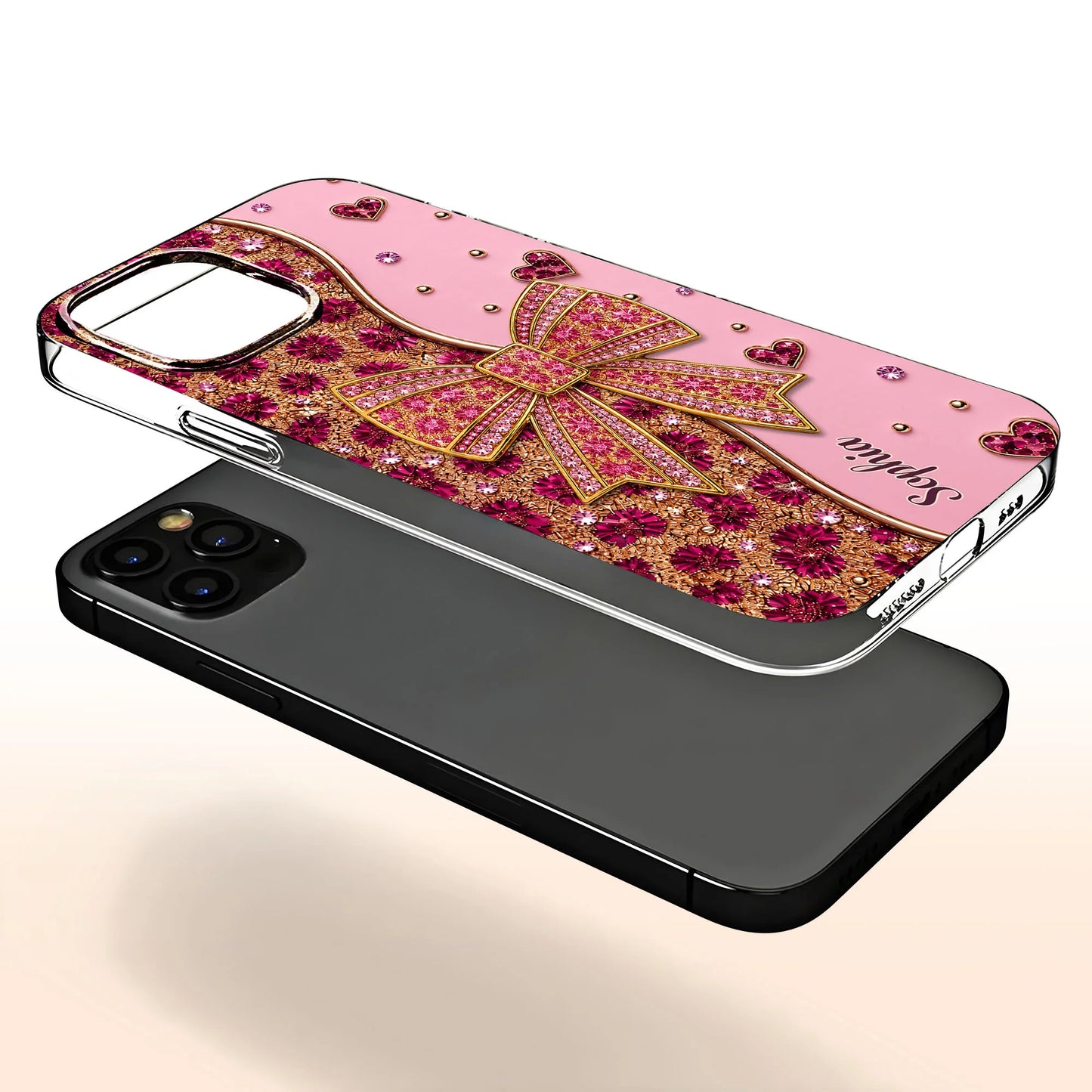 Custom name clear phone case with purple sparkling glitter bow design for iPhone and Samsung image 7
