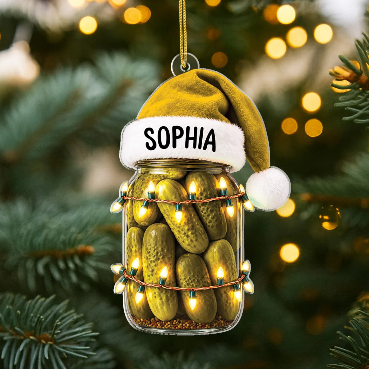 Custom Name Santa Hat Pickle Jar Acrylic Ornament - Fun Personalized Christmas Tree Gift