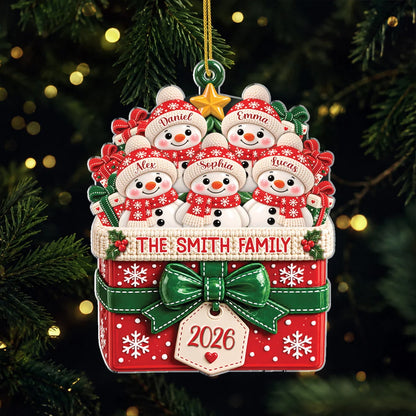 Snowman Gift Box Personalized Snowman Family Ornament - Custom Acrylic Christmas Keepsake for Families