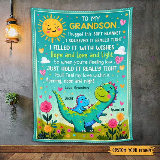 Personalized Grandson Dinosaur Blanket for Son/Grandson with personalized design details for meaningful gifting