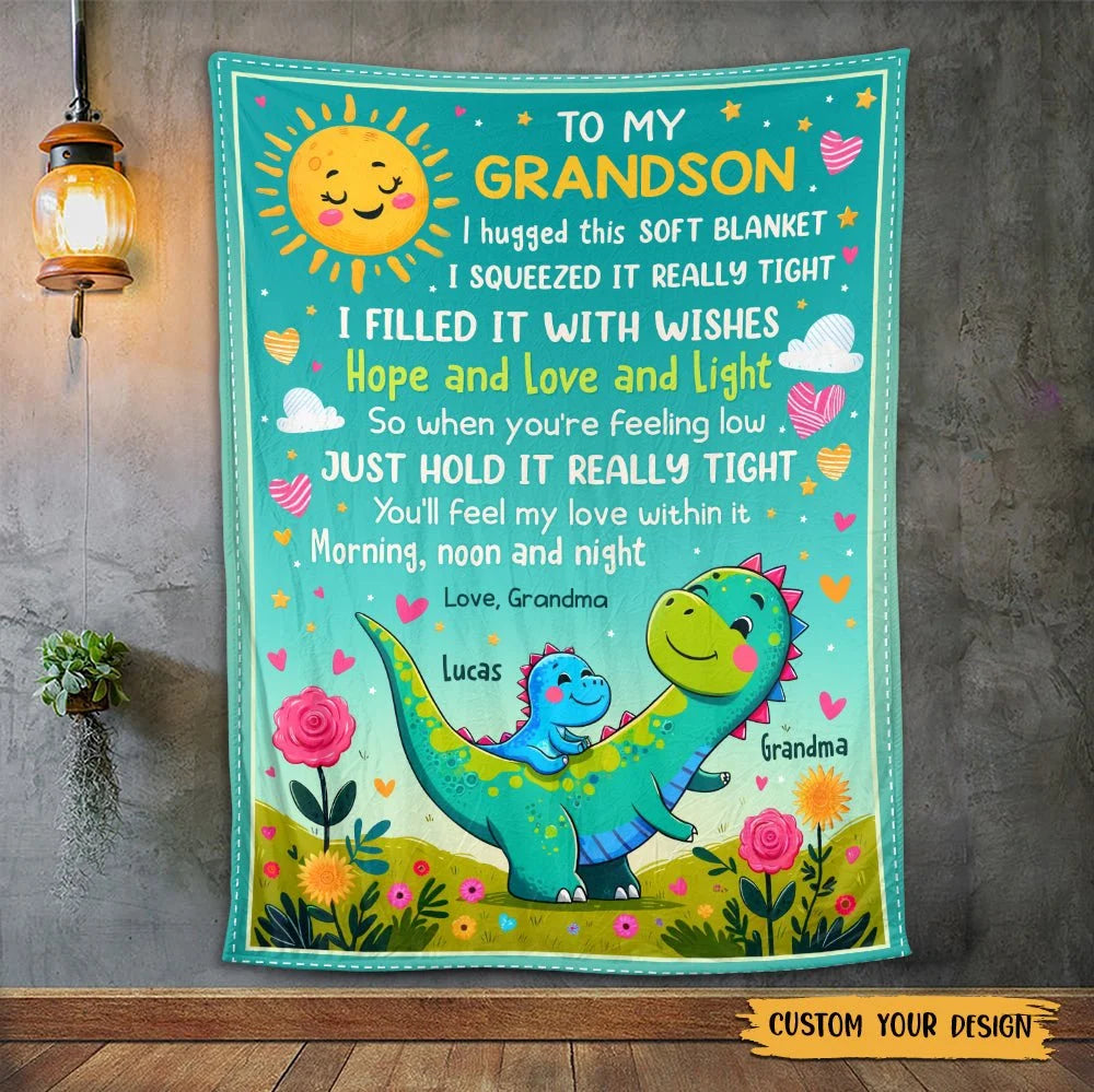 Personalized Grandson Dinosaur Blanket for Son/Grandson with personalized design details for meaningful gifting
