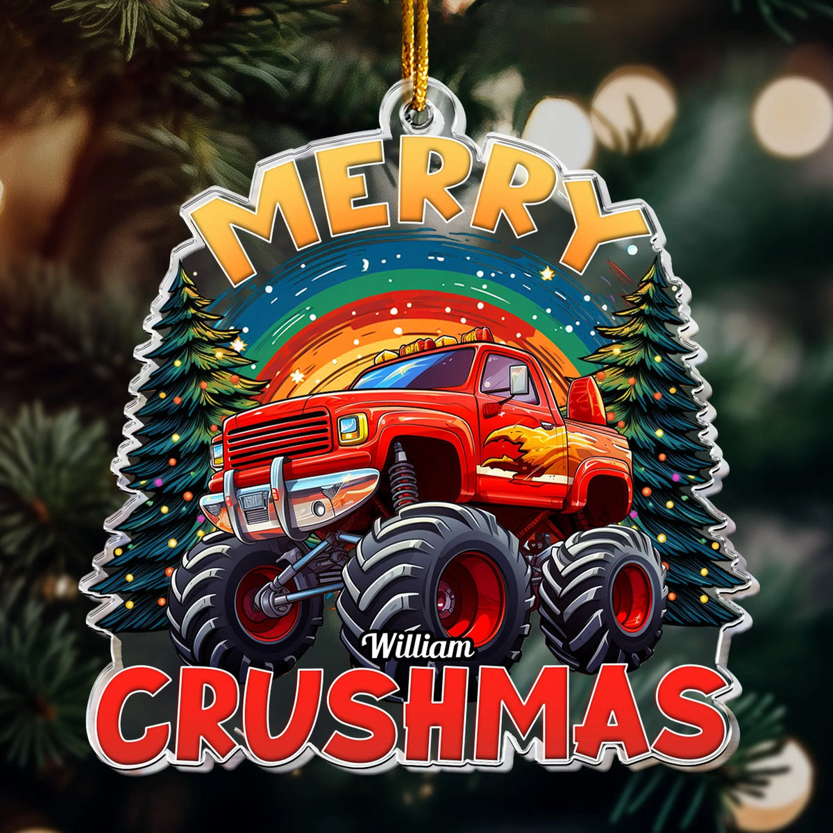 Merry Crushmas Monster Truck Personalized Acrylic Ornament - Custom Name Gift for Kids