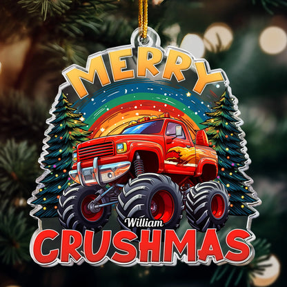 Merry Crushmas Monster Truck Personalized Acrylic Ornament - Custom Name Gift for Kids