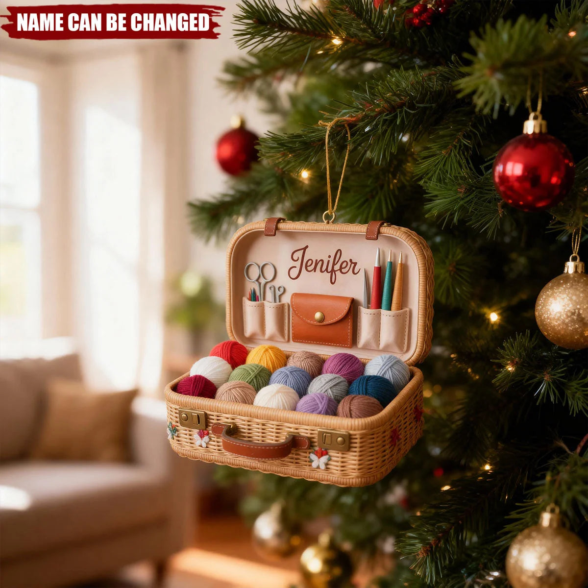 Personalized Knitting Basket Acrylic Ornament - Custom Yarn & Crochet Lover Christmas Tree Keepsake Gift